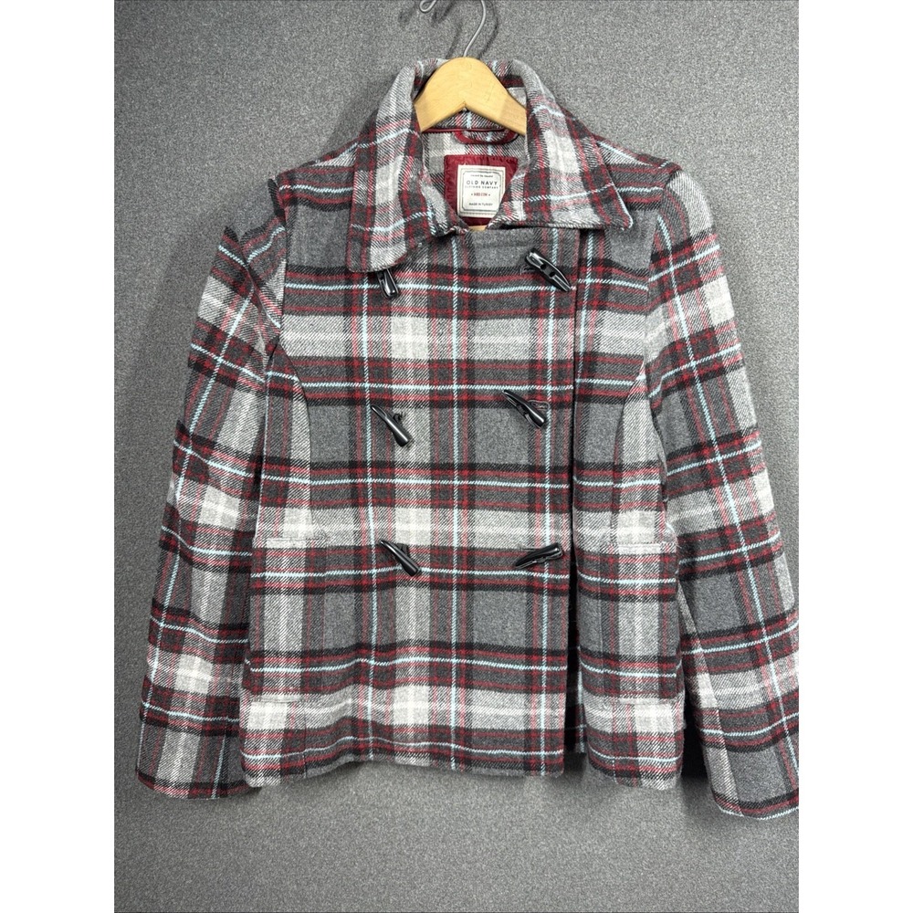 Vintage 90s Italian Wool Blend Old Navy Plaid Short Jacket Red Gray Womens Med